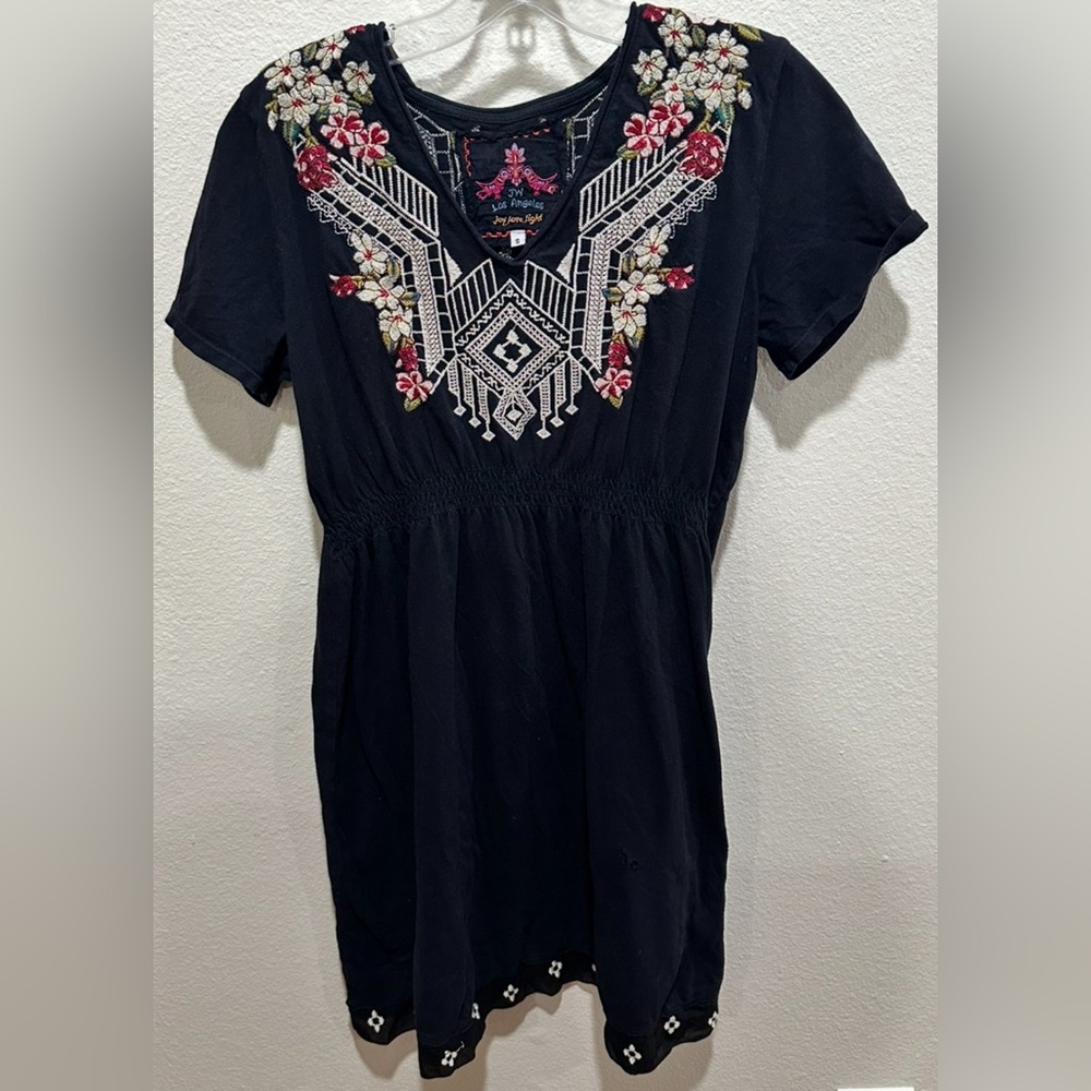 Johnny Was black cotton knit floral embroidered‎ short sleeve mini dress. Size S